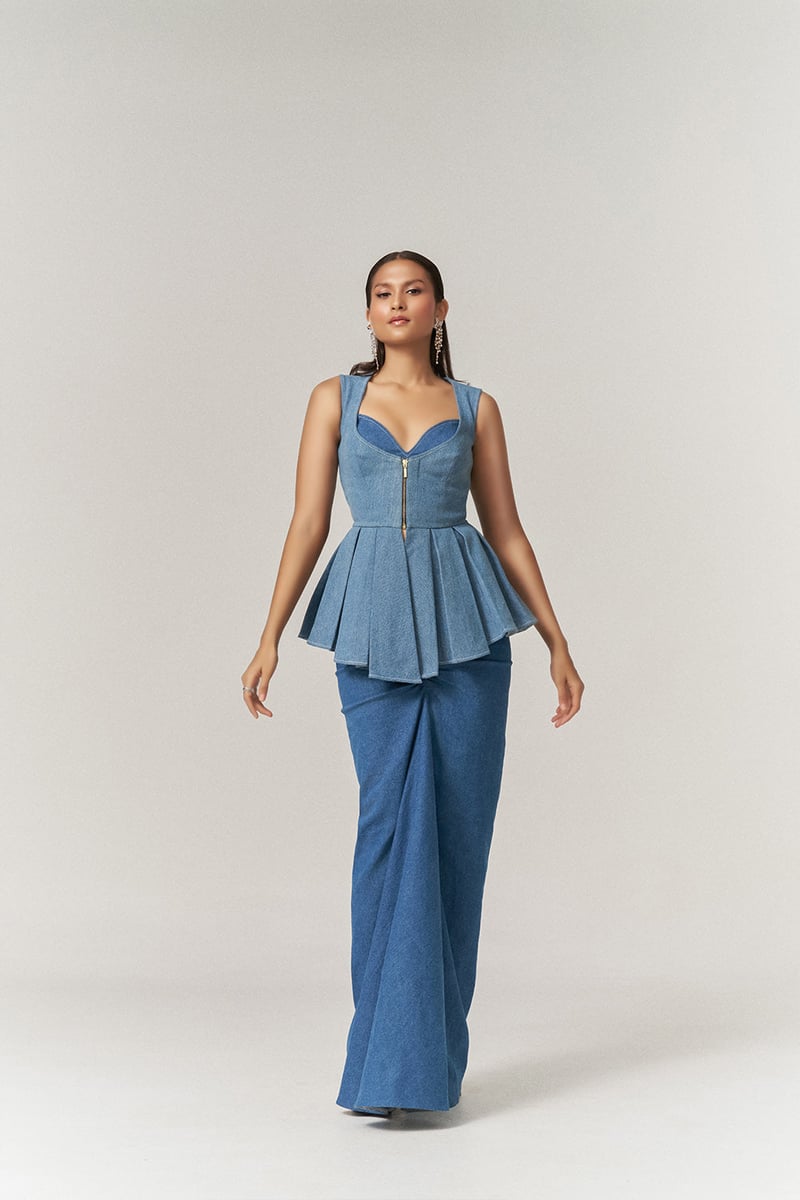 Blue Denim Bustier and Asymmetrical Maxi Skirt 3-Piece Set