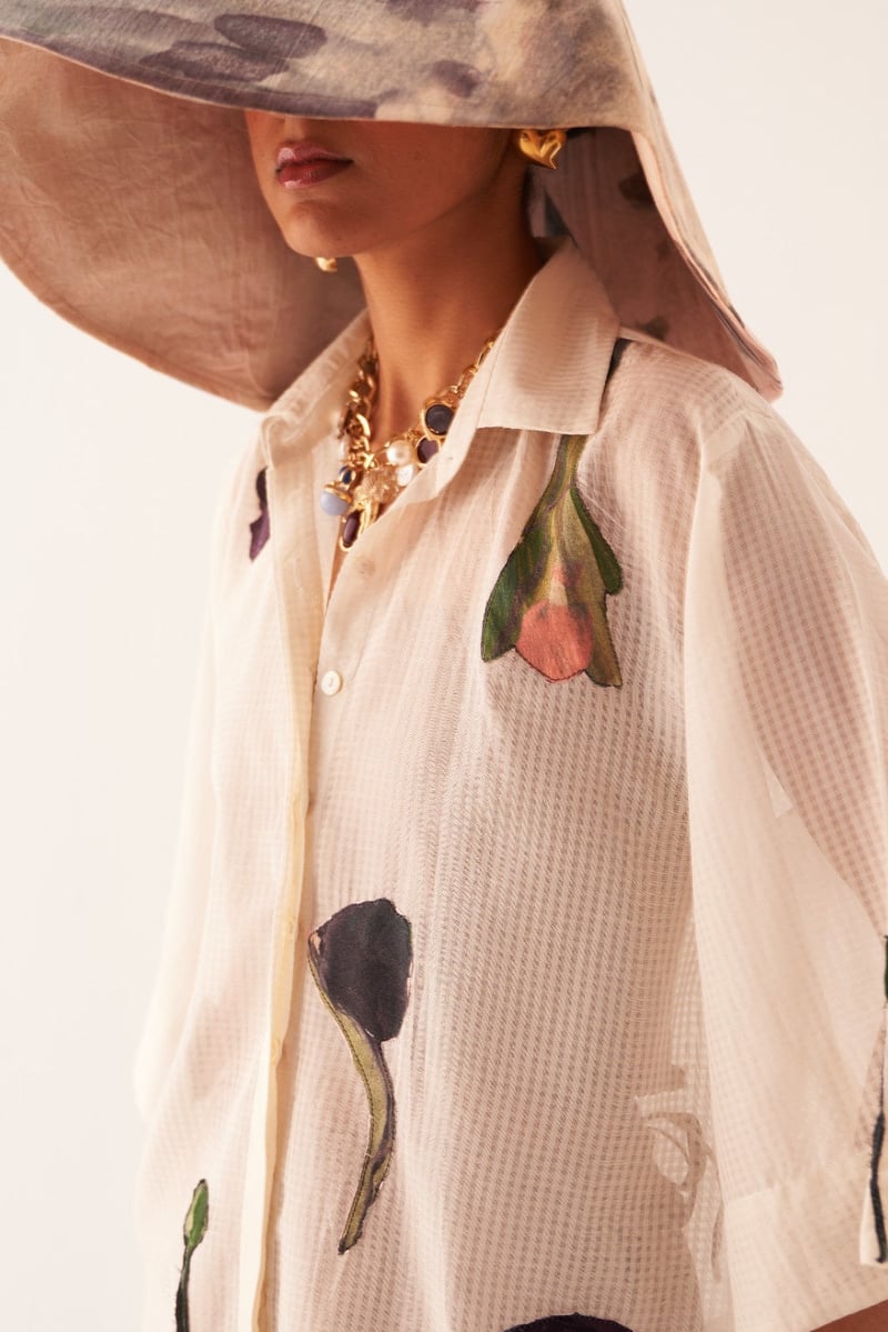 Ivory Sheer Cotton Dobby Applique Shirt
