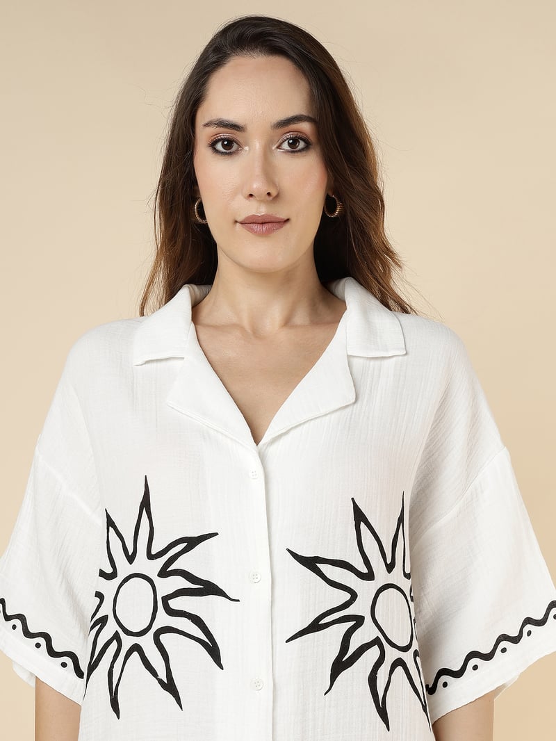White Sun Motif Shirt and Wide-Leg Trouser Co-ord Set