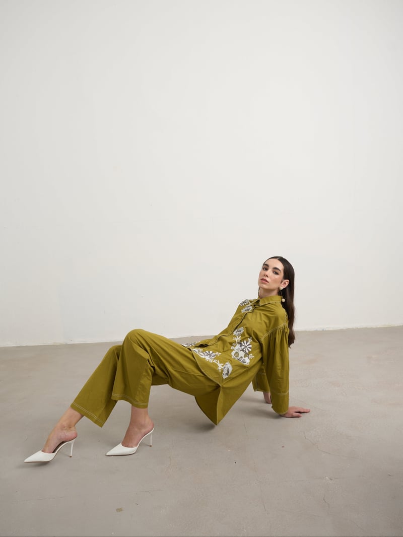 Green Embroidered Cotton Shirt and Pants Co-ord Set