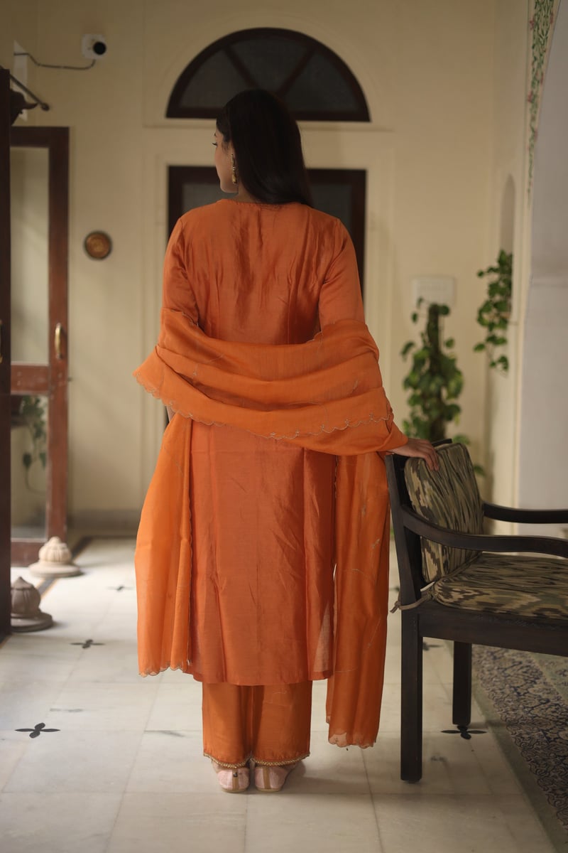 Rust Orange Zardozi Work Silk Chanderi Suit Set