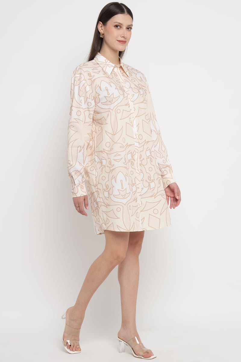 PALMA BEIG Printed Mini Shirt Dress with Button Front