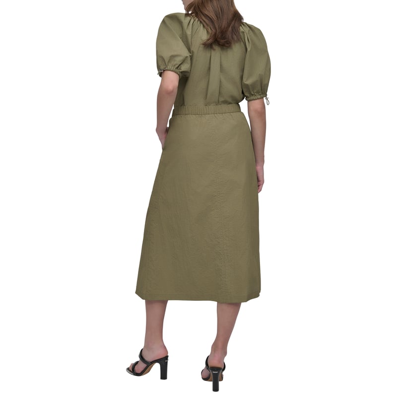 Utility Green Nylon A-Line Midi Skirt with Zip Pocket