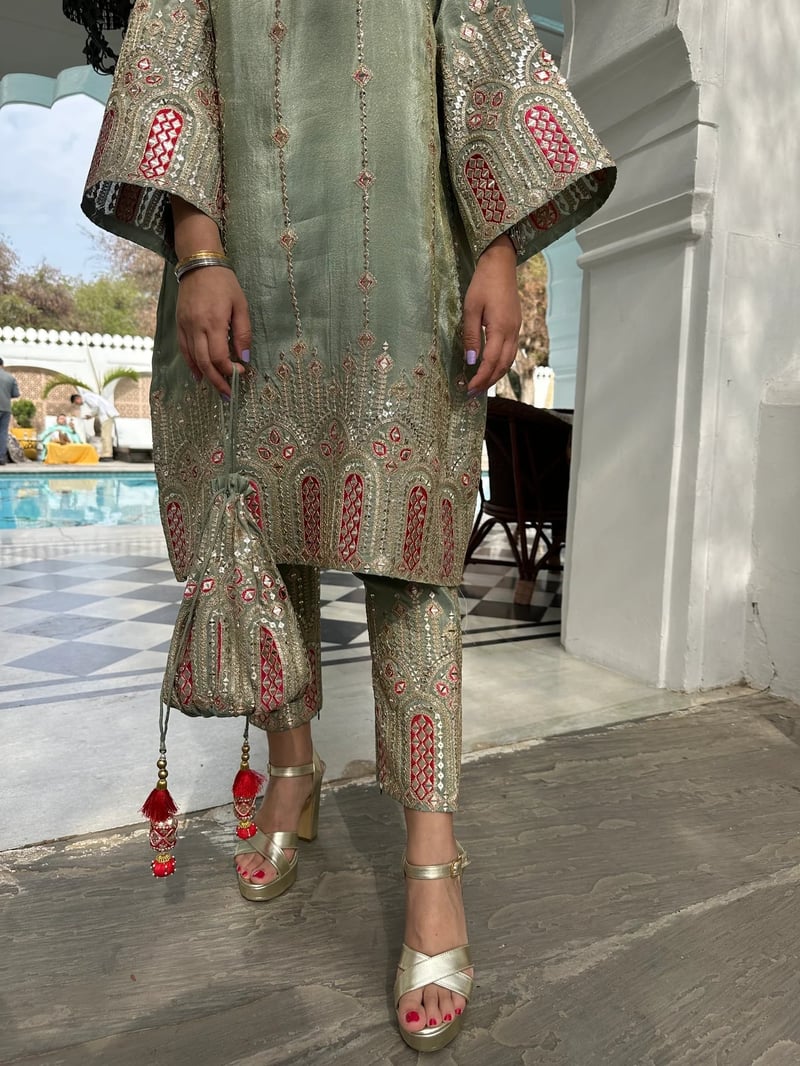 Green Tissue Silk Mirror Work Kurta Set with Dupatta