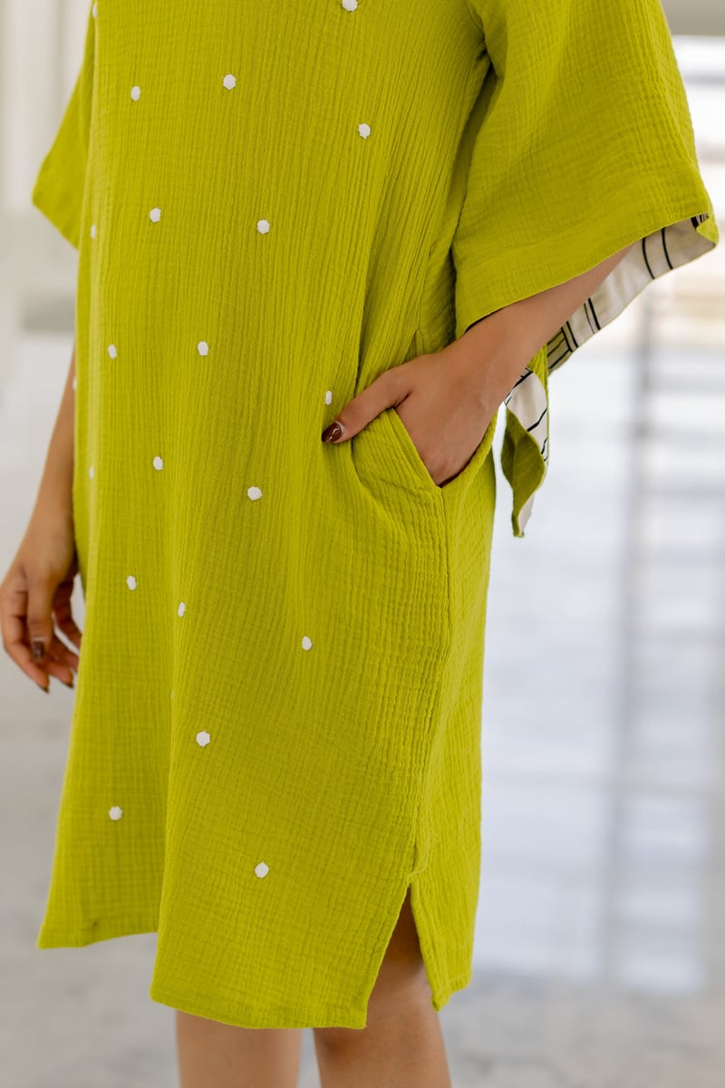 Green Straight Knee-Length Dress with Applique Dots