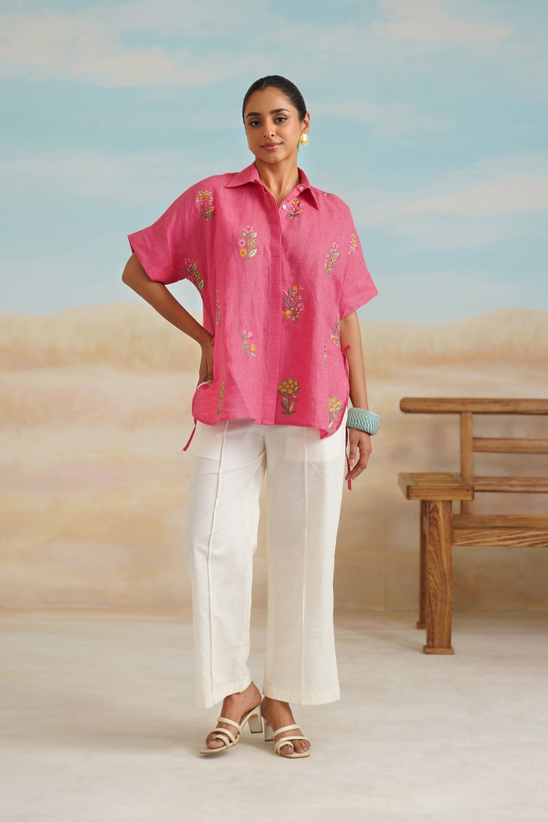 Brick Linen Embroidered Shirt and Cream Pants Co-ord Set