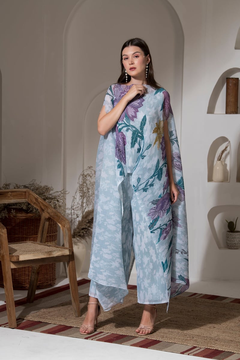 Blue Floral Kaftan and Wide-Leg Pant Co-ord Set