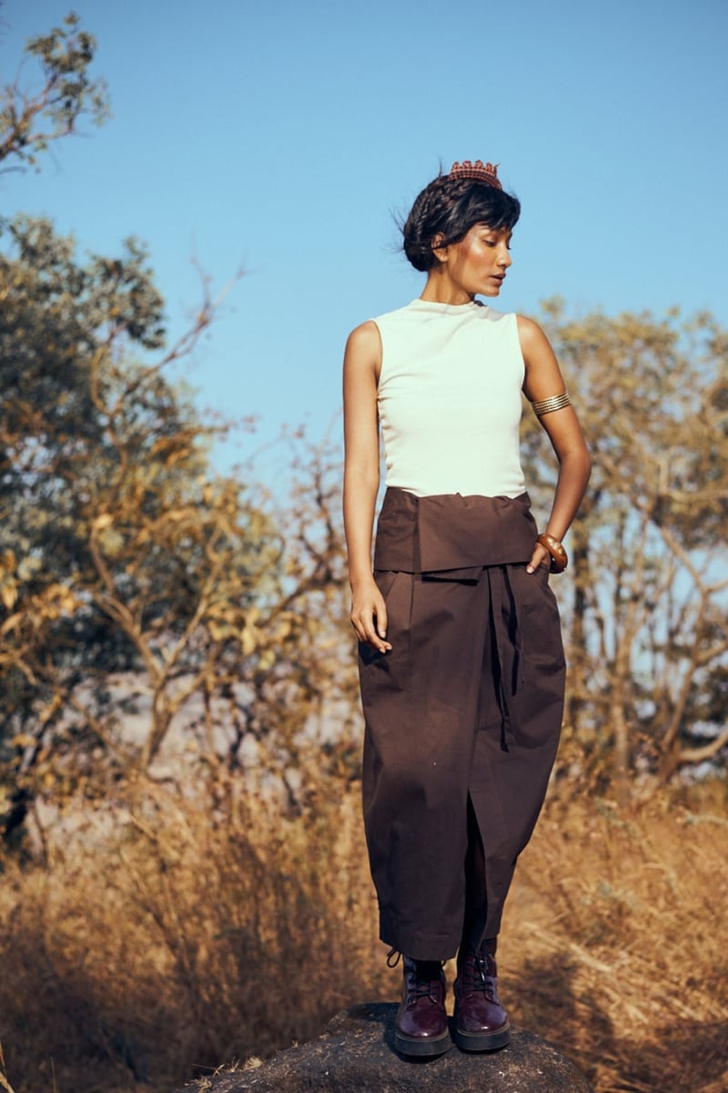 Dark Brown Cotton Twill Wrap Midi Skirt with Tie Waist