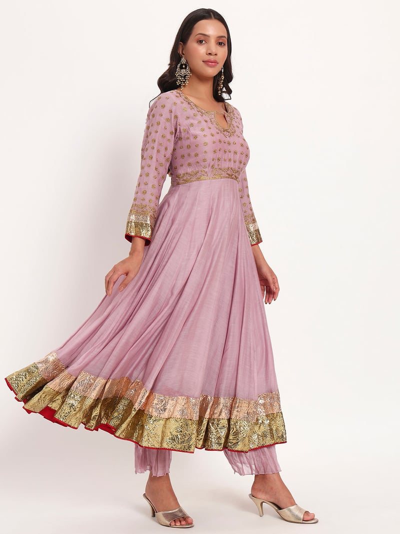 Lilac Mal Chanderi Anarkali Set with Pants and Dupatta