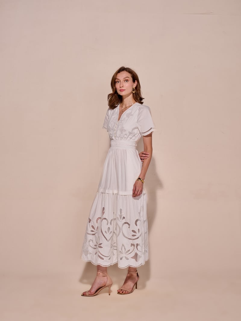 White Cotton Tiered Midi Dress with Cutwork