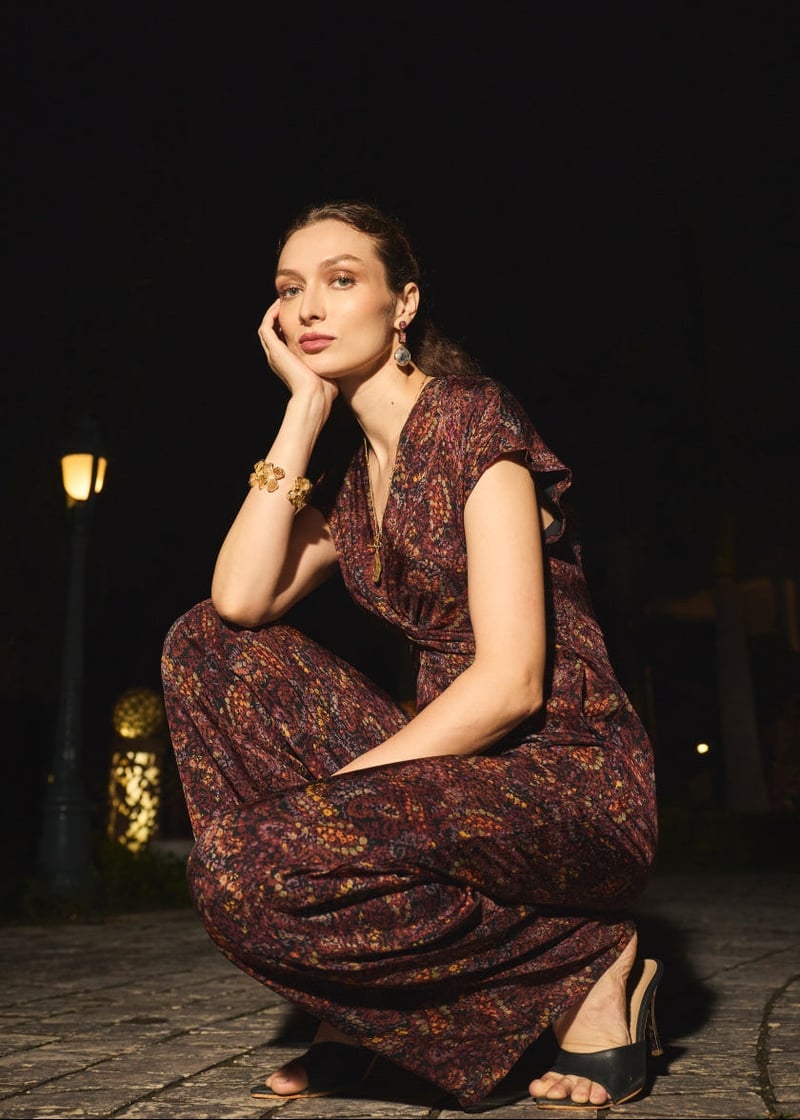 Wine Printed V-Neck Wide-Leg Jumpsuit with Knot Waist