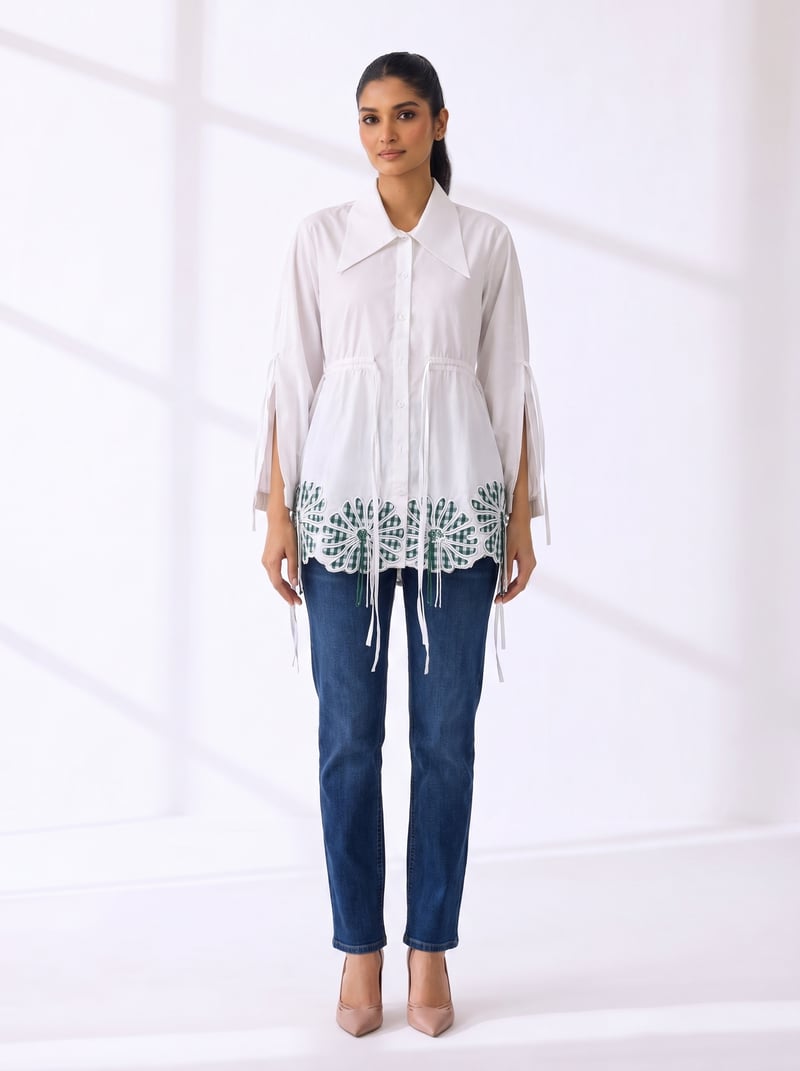 White Cotton Tunic Shirt with Floral Cutwork Hem — Ang-sa