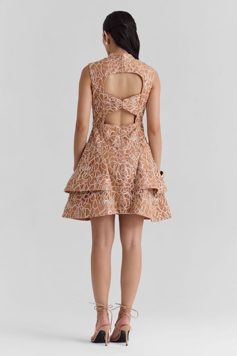 Beige Lace Fit and Flare Mini Dress with Keyhole Neck