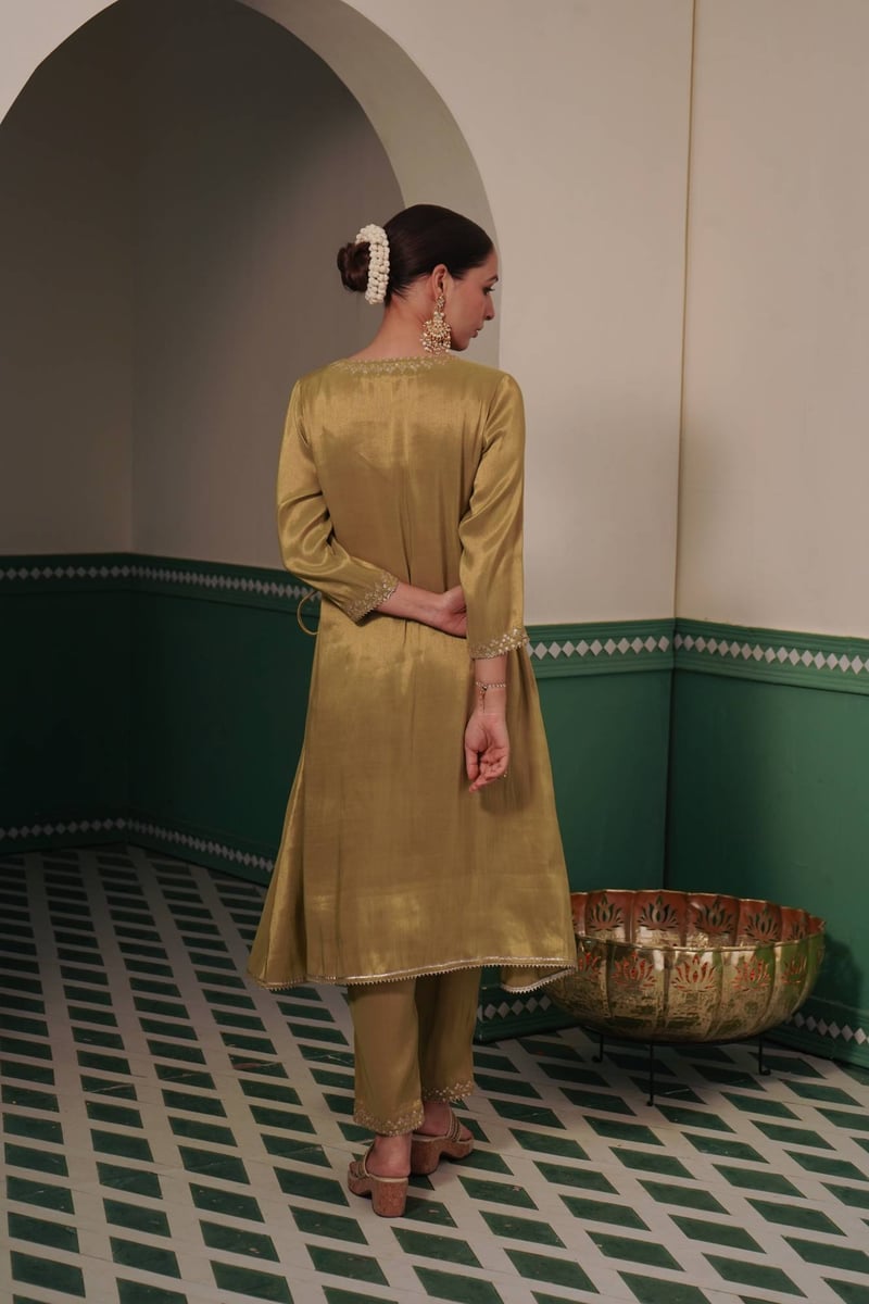 Meadow Green Tissue Angrakha Kurta Set with Narrow Pants