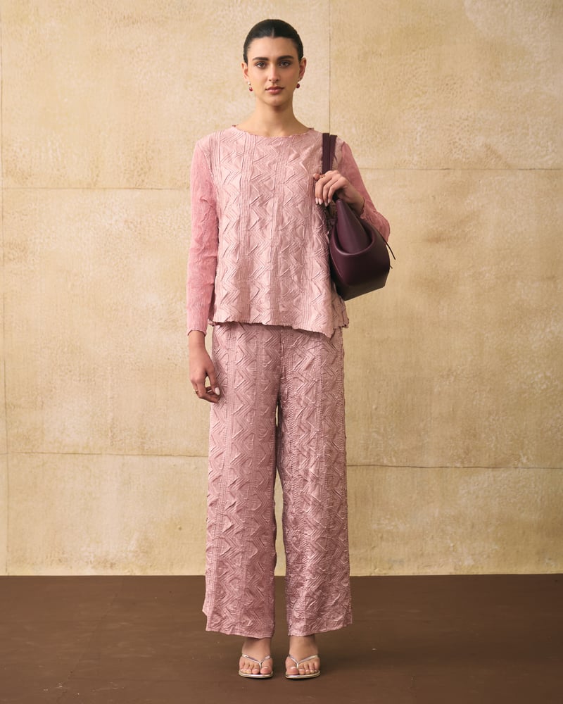 Nude Pink Textured Co-ord Set with Wide-Leg Pants — Pleats by Aruni