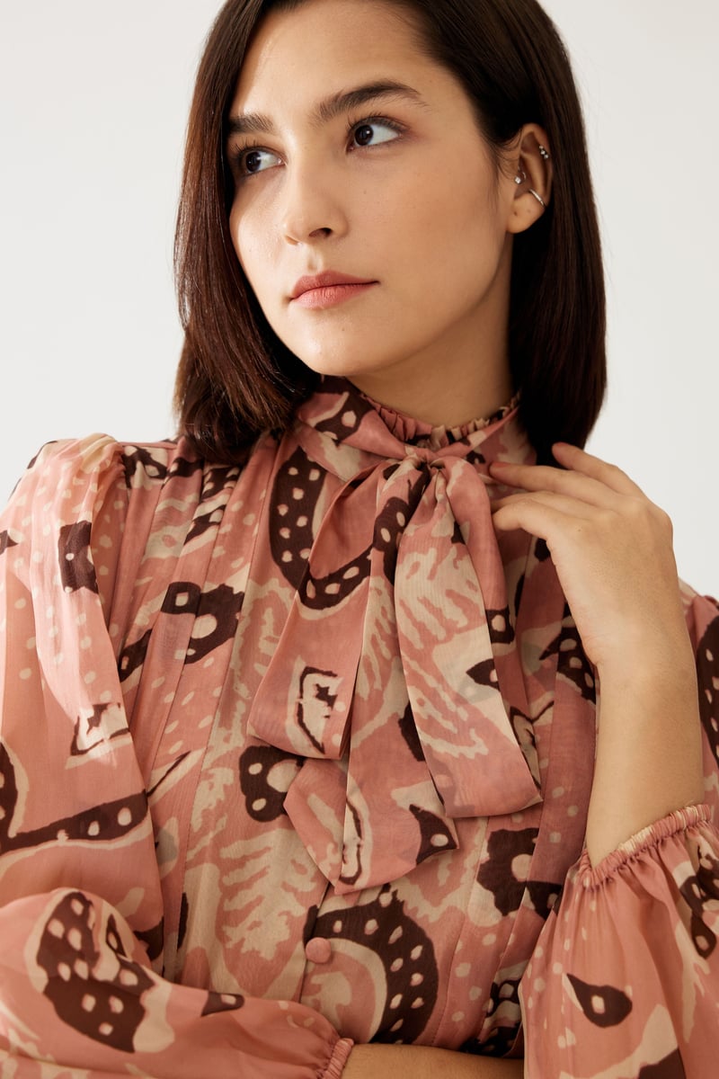 Peach And Cream Floral Bow Tie Top