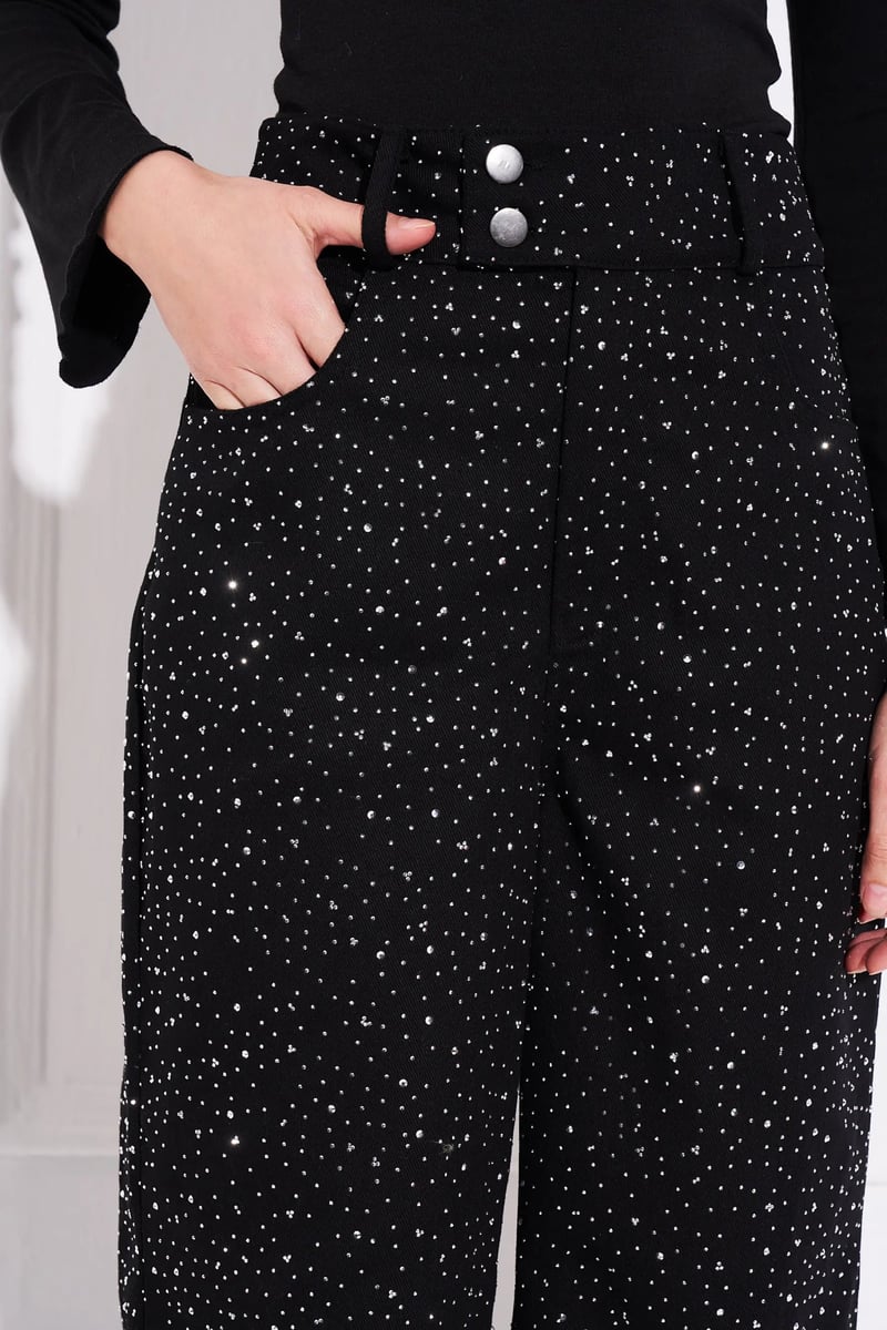 Black Crystal-Embellished Wide-Leg Denim Trousers