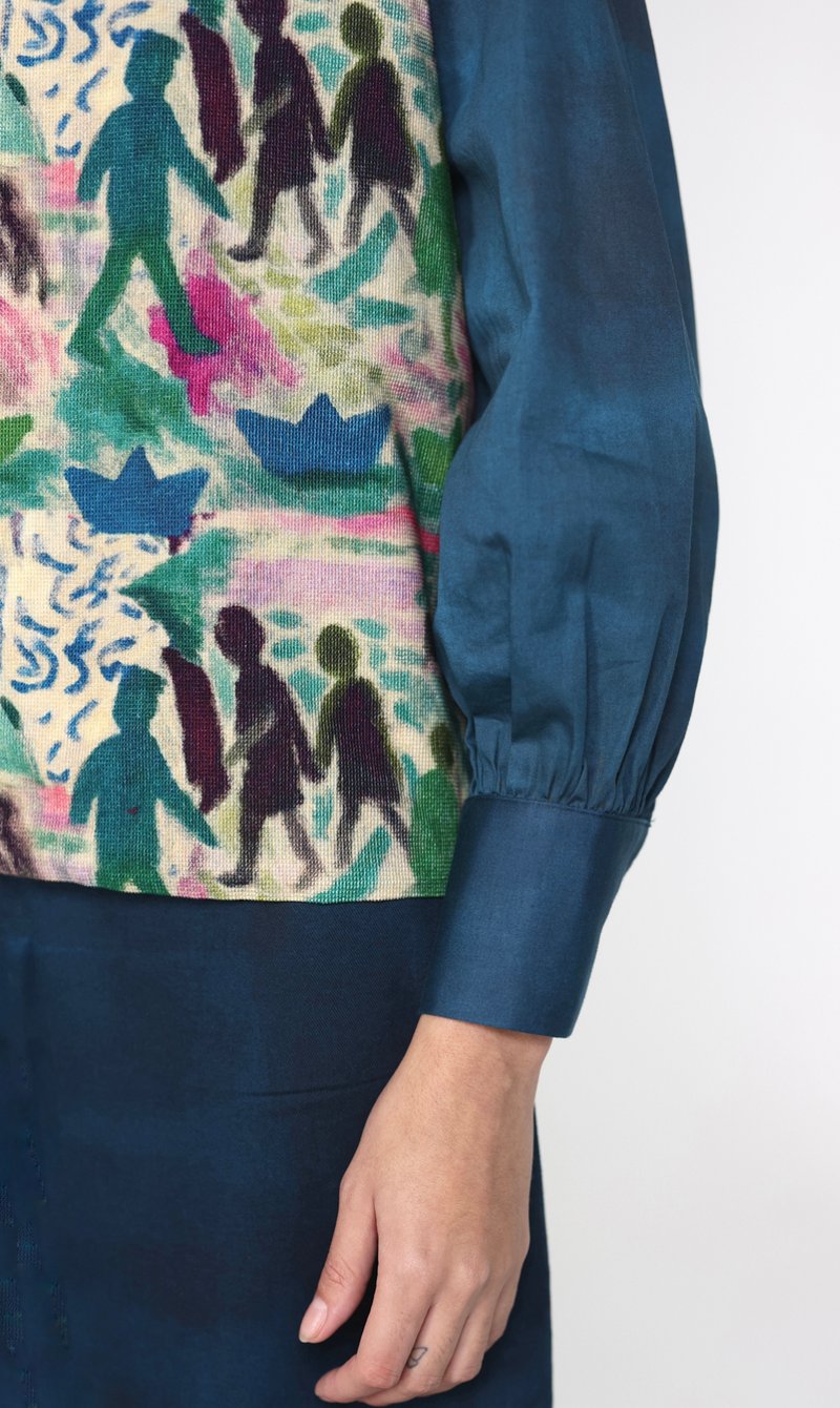 Multicolor Printed Sleeveless Corduroy Vest Overlay