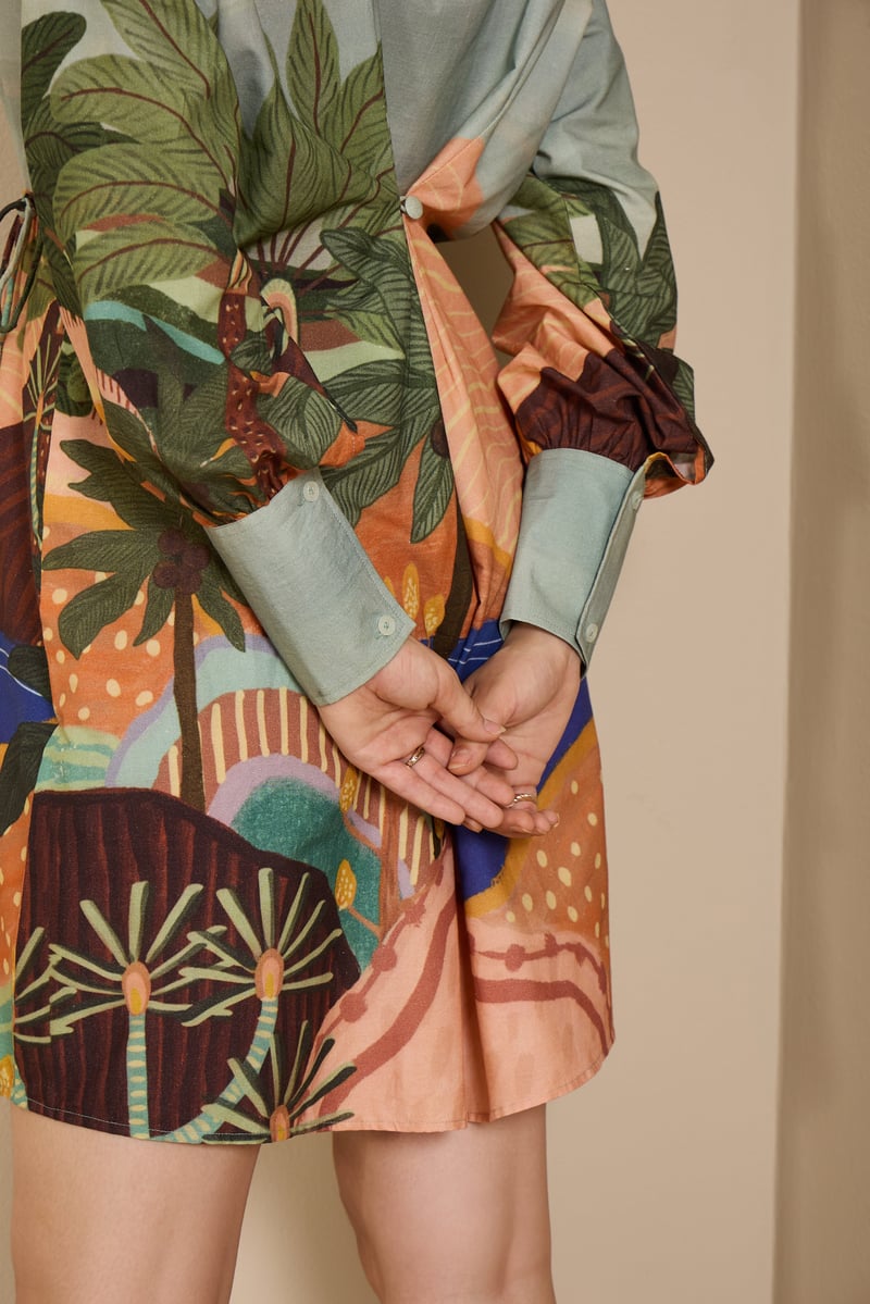 Printed Cotton Poplin Shirt Dress with Drawstring Waist