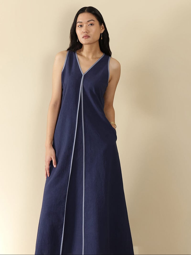 Denim Blue Linen Blend V-Neck A-Line Midi Dress