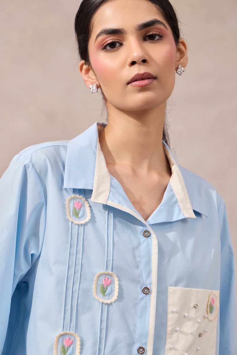 Frost Blue Cotton Poplin Shirt with Applique and Pearl Pocket