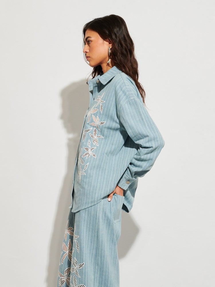 Washed Blue Striped Denim Shirt with Floral Cutwork
