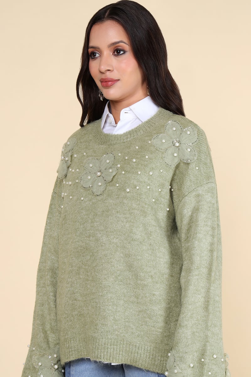 Green Floral Applique Embellished Pullover Sweater
