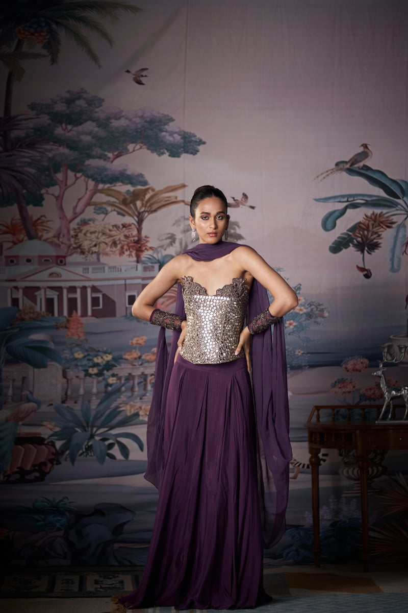 Purple Mirror-Work Corset Lehenga Set with Dupatta