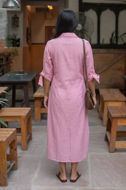 Pink Striped Shirt Midi Dress with Floral Appliqué