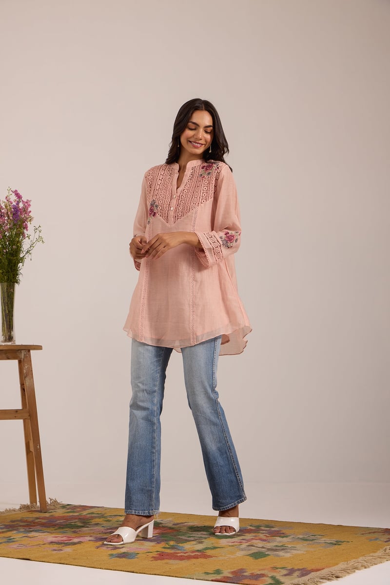 Pink Mul Chanderi Tunic and Straight Pant Co-ord Set