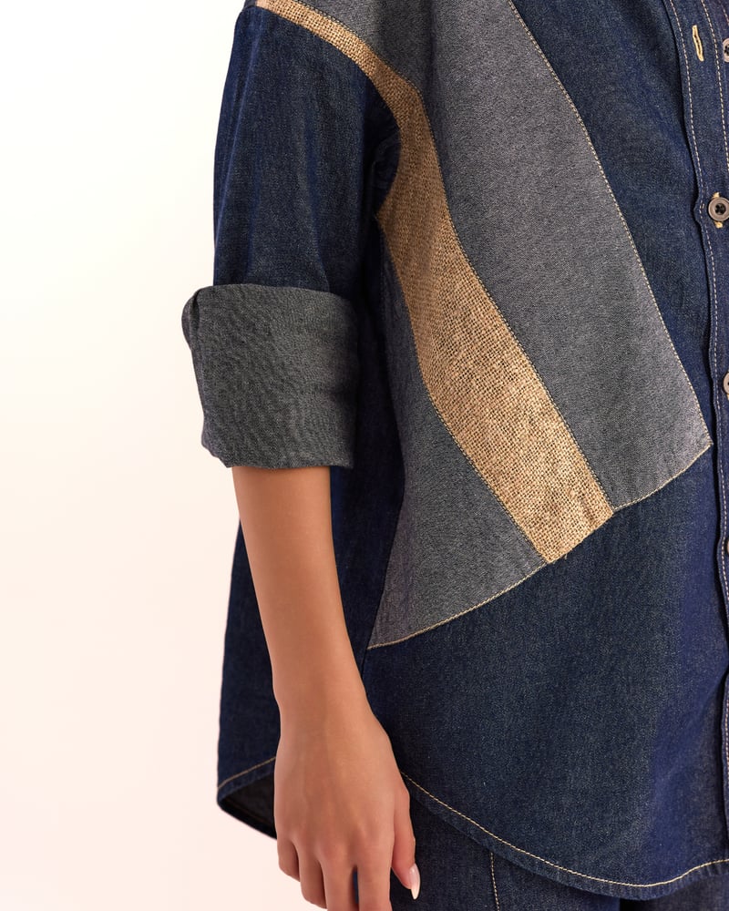 Denim and Beige Colorblocked Relaxed-Fit Shirt