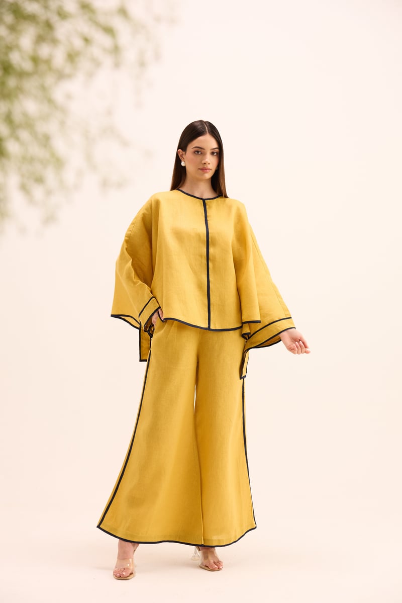 Ochre Linen Cape Top and Wide-Leg Pants Co-ord Set