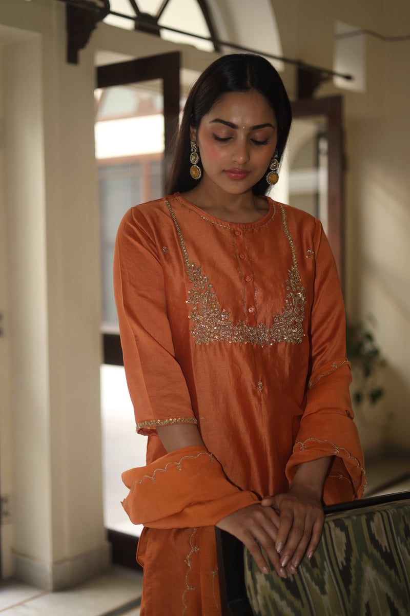 Rust Orange Zardozi Work Silk Chanderi Suit Set