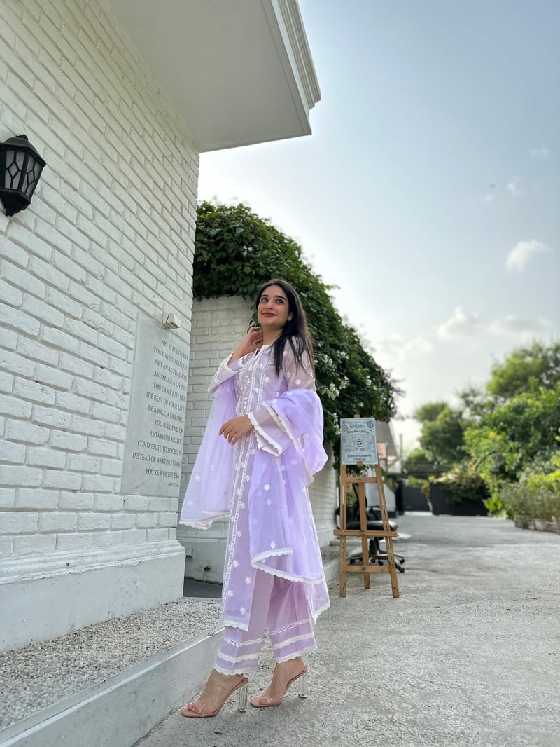 Lavender Embroidered Chanderi Suit Set with Organza Dupatta