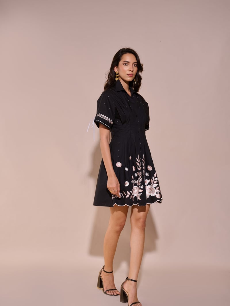 Black Embroidered Fit and Flare Mini Shirt Dress
