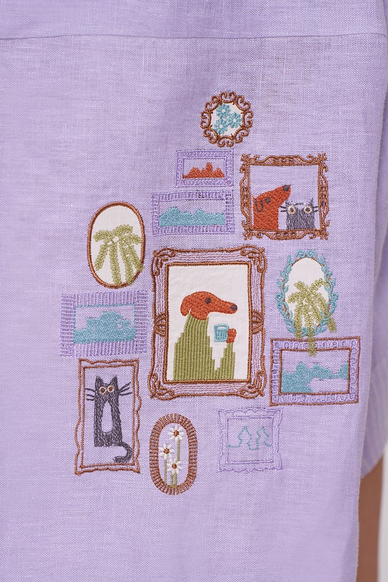 Pastel Lilac Pure Linen Relaxed-Fit Shirt with Appliqué Back