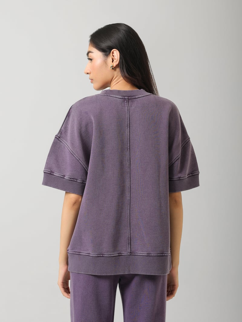 Plum Acid-Wash Short Sleeve Crew Neck Sweatshirt