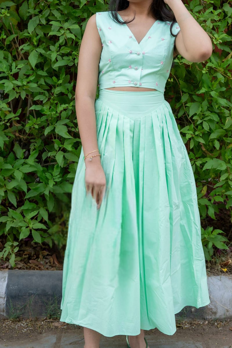 Mint Green Sequin Top and Pleated Midi Skirt Co-ord Set