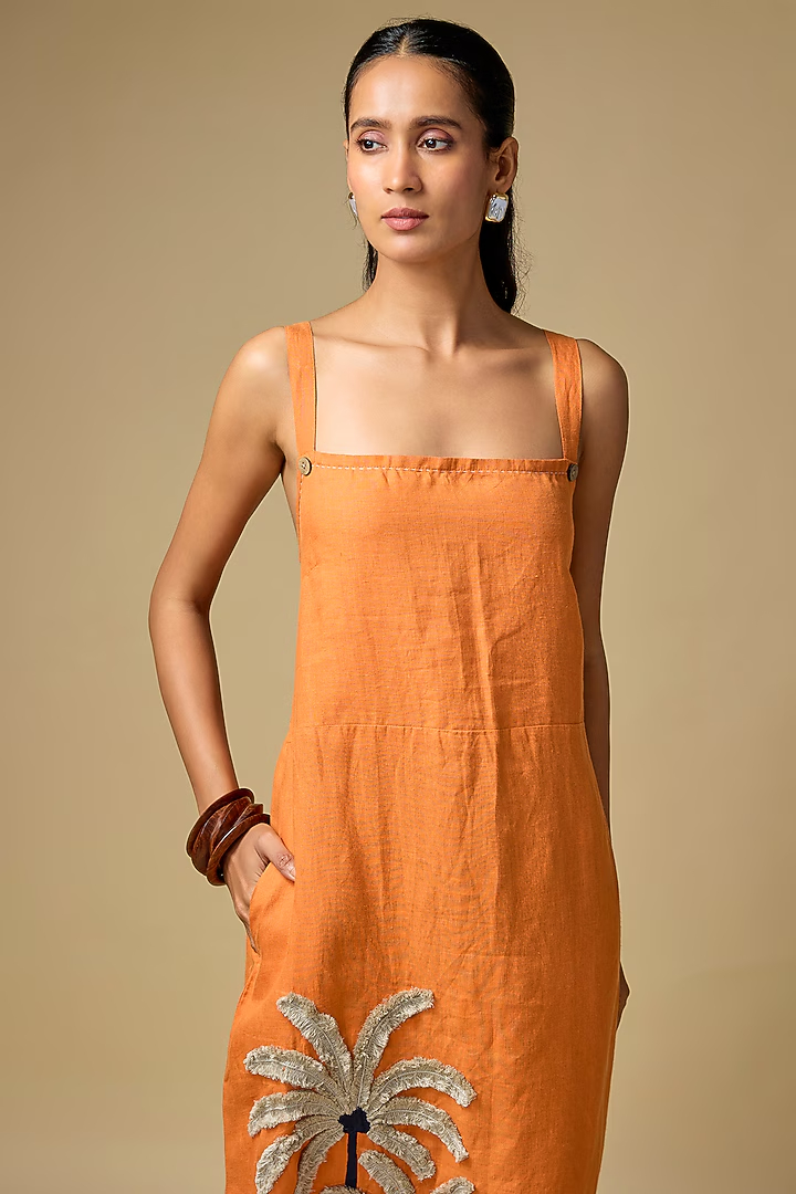 Orange Linen Square-Neck Midi Dress with Palm Motif