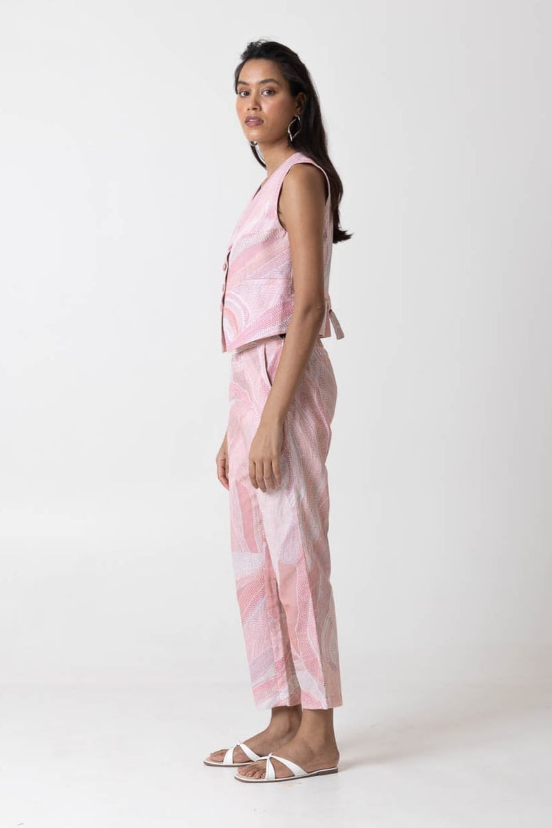 Pink Peach Printed Waistcoat and Trousers Co-ord Set