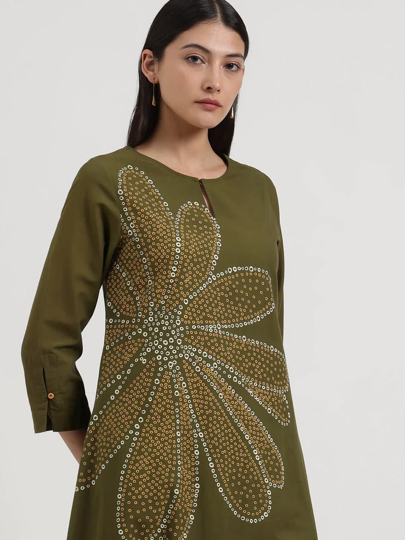 Cotton Bandhani-Inspired Print Kurta - Olive