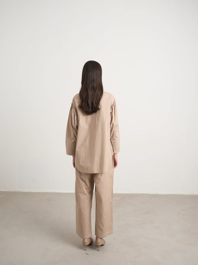Beige Embroidered Cotton Shirt and Pants Co-ord Set