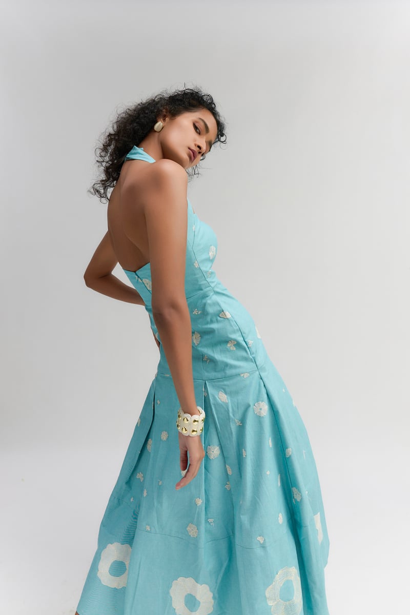 Aqua Blue Cotton Denim Halter Neck Dress