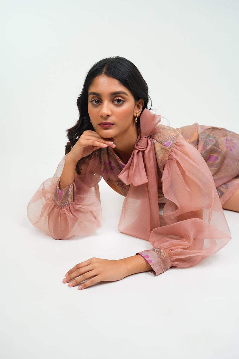 Pink Printed Organza Bow Mini Dress