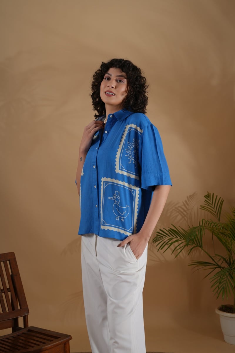 Blue Linen-Cotton Boxy Placement Printed Shirt