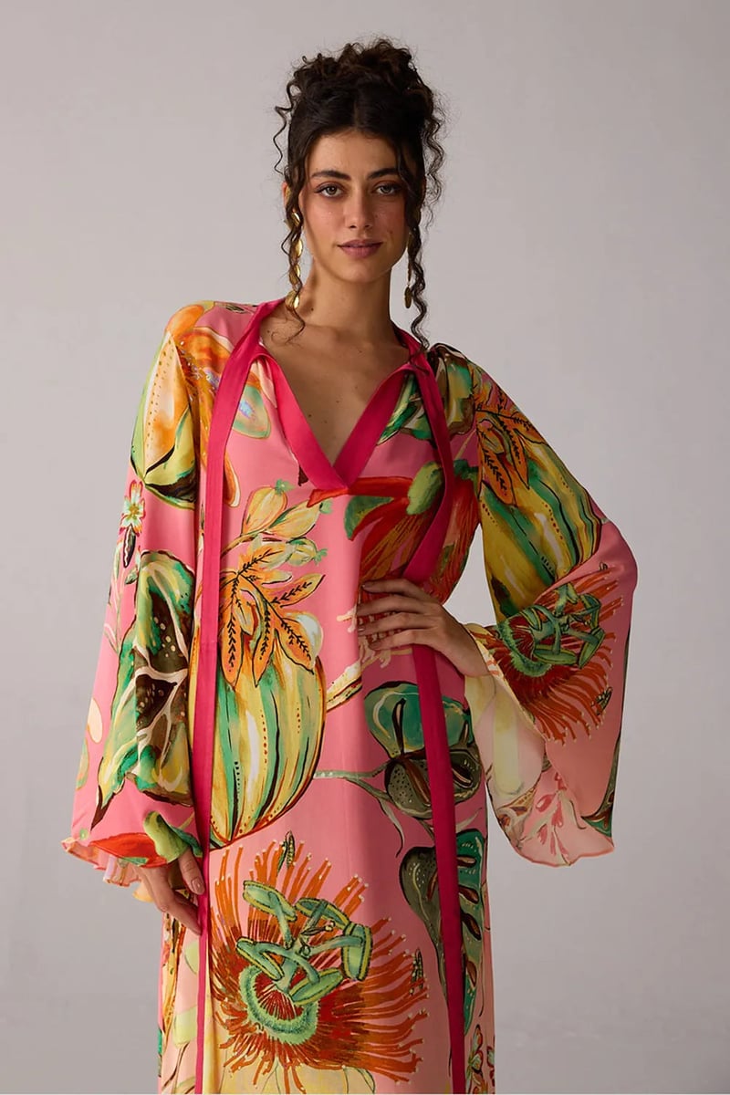 Pink Ombre Printed Maxi Dress with Flare Sleeves