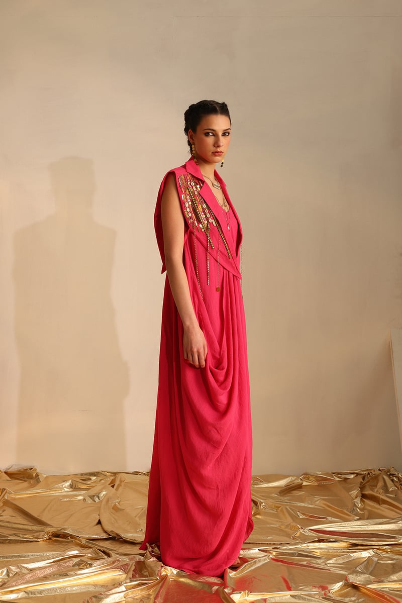Pink Cowl Neck Maxi Dress with Cape Waistcoat
