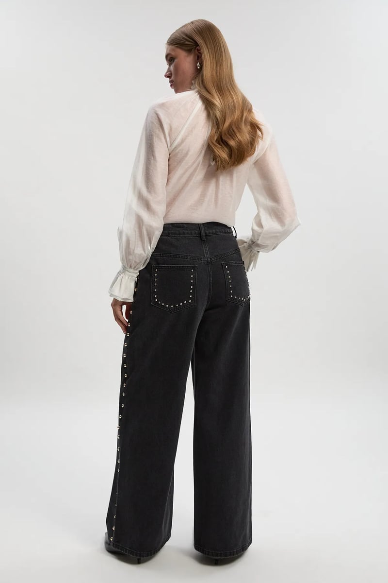 Black Wide-Leg Studded Denim Trousers