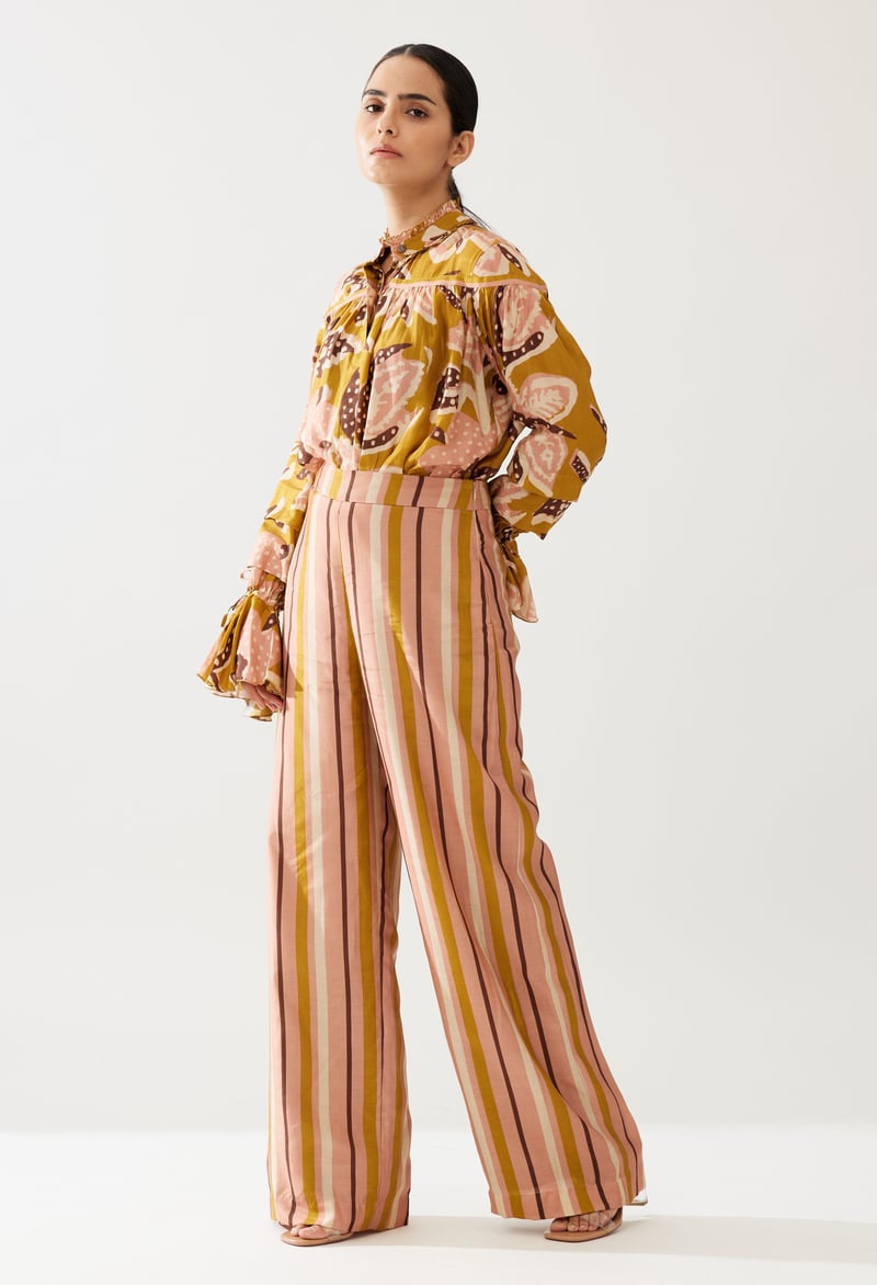 Mustard And Pink Floral Frill Collar Shirt