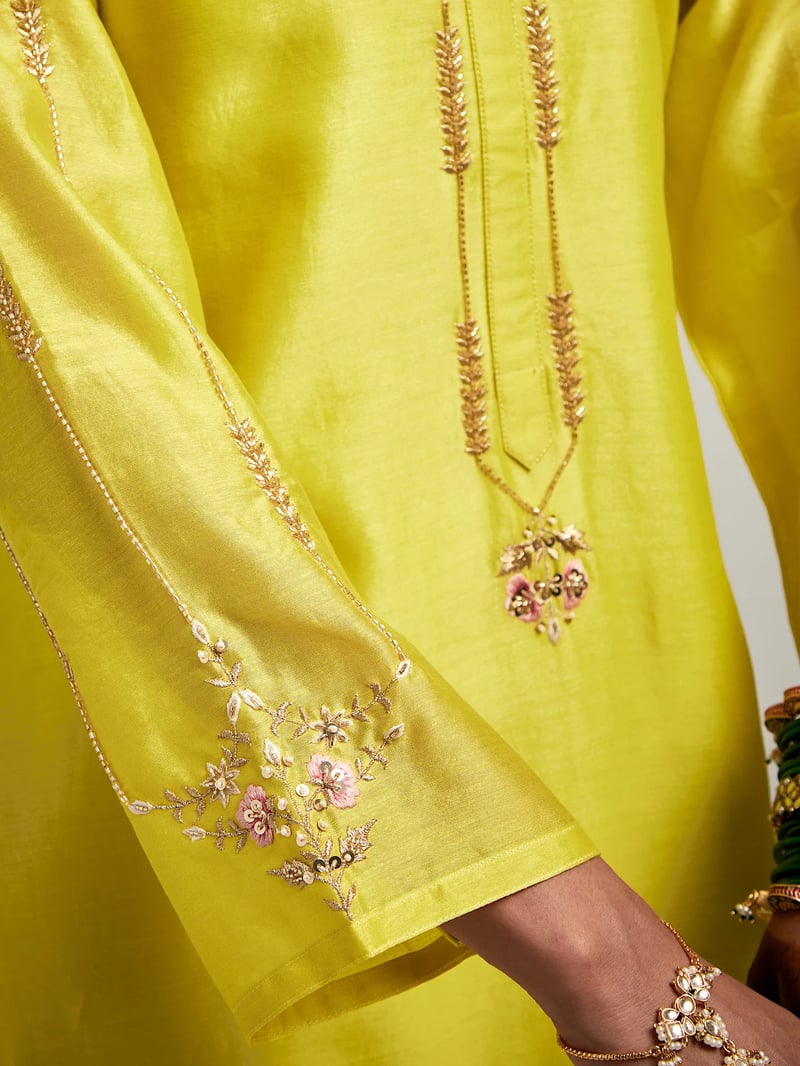 Lime Silk Chanderi Embroidered Straight Kurta